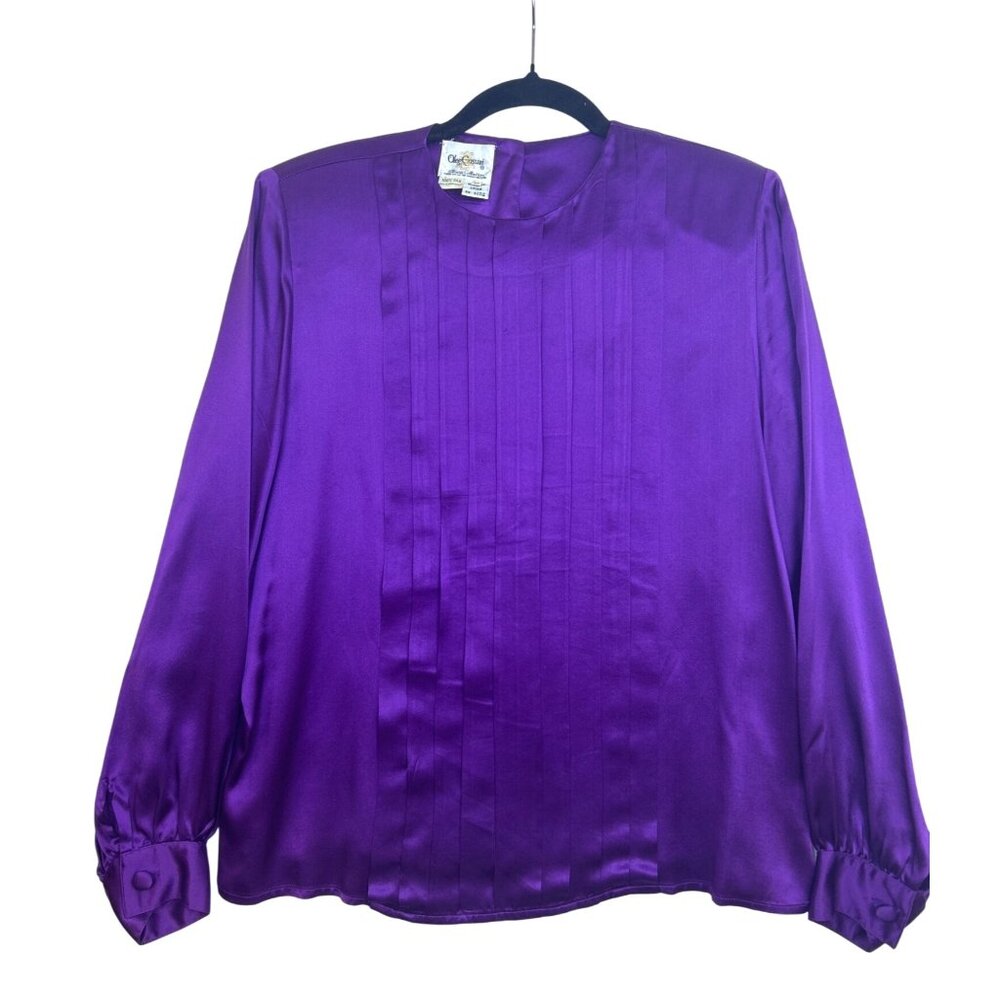 Vintage Oleg Cassini Women's Sz. 10 Purple Silk Pleated Back Blouse